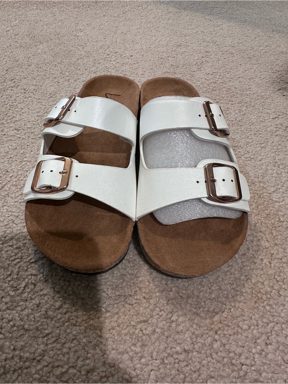 Lulu's White Double Buckle Cork-Style Slide Sandals